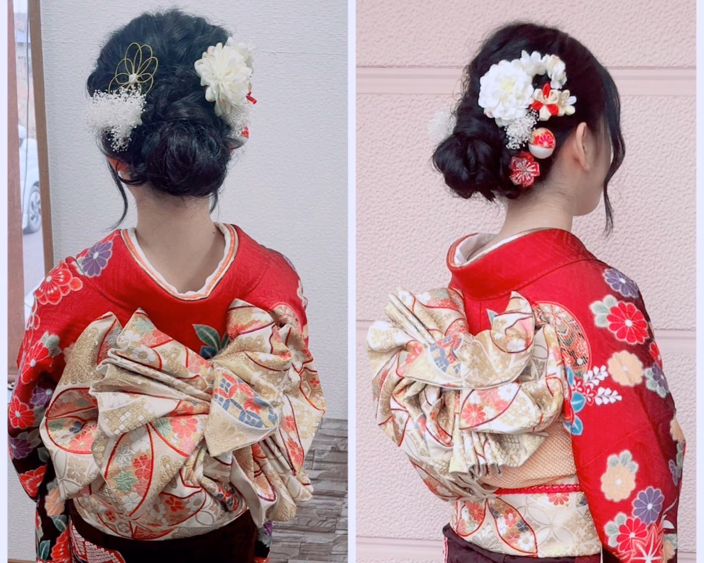 成人式 赤系振袖のヘアセットと帯結び